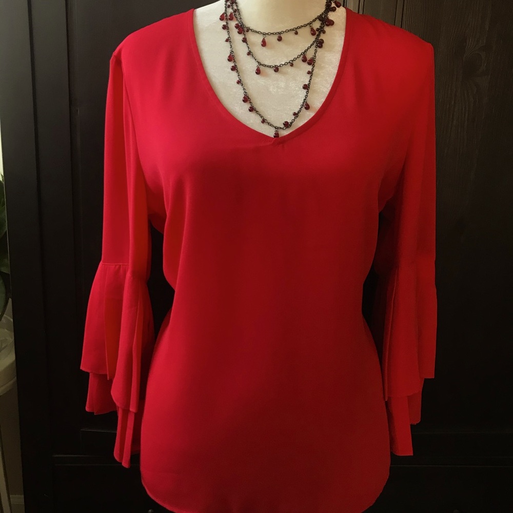 Rose + Olive blouse. Red 3/4 ruffle sleeve. Large